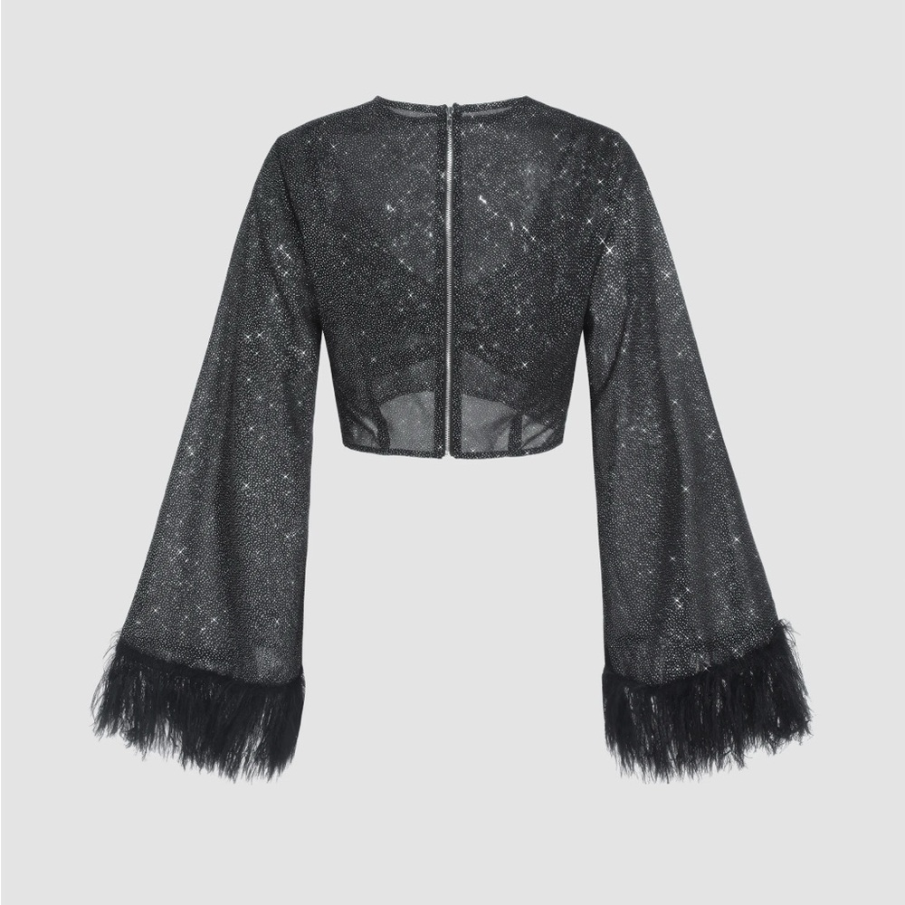 Cider Black & Silver Long Sleeve Crop Top & Bra Feather Fringe Size L Brand New - Picture 2 of 12